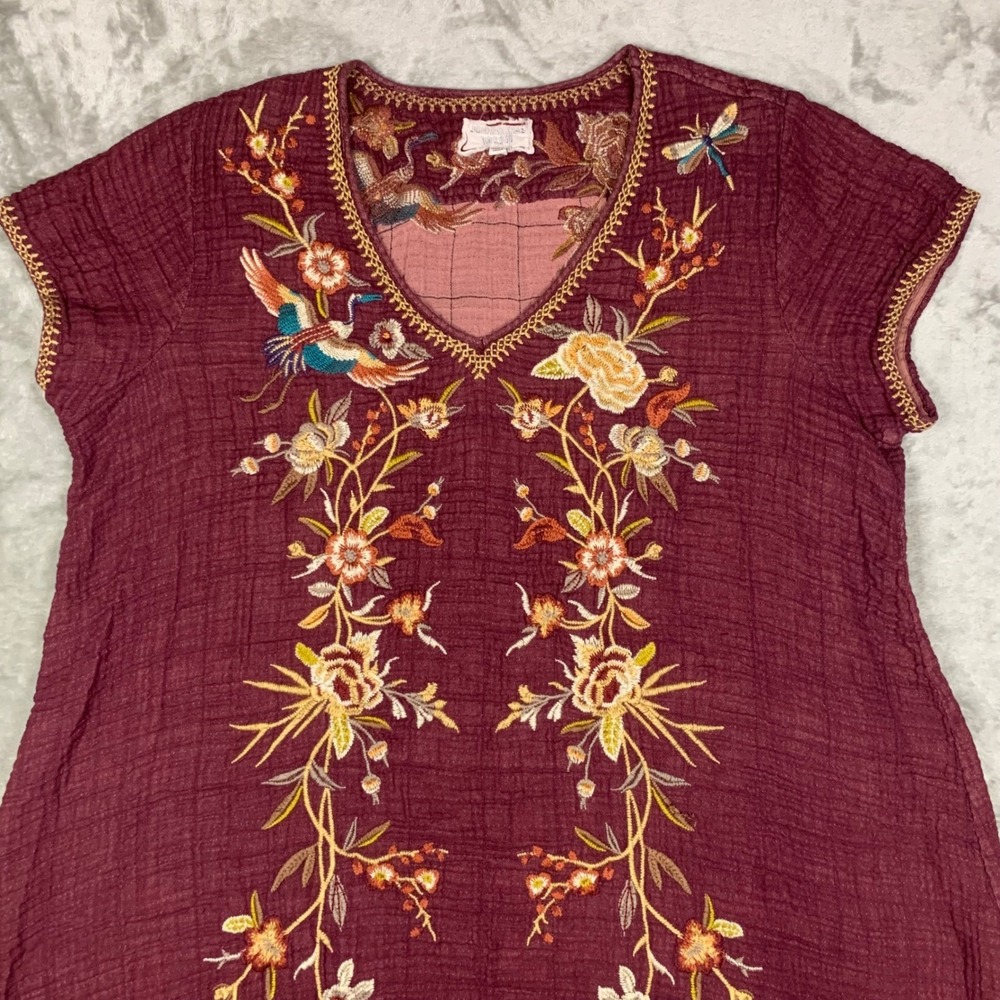 Johnny Was Workshop Varlese Drape Tunic Dress XL Embroidered Bird Gauze Burgundy